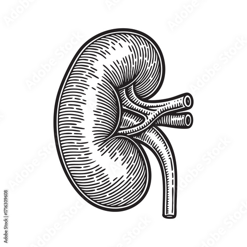 human kidney sketch ink graphic illustration, draft silhouette drawing, black on white line art.