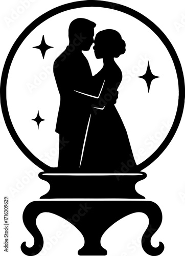 A married couple inside a crystal ball silhouette in romantic pose - mystical concept vector with white background 