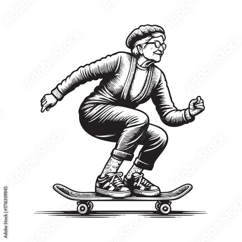 old woman skateboarding	Black and White Engraving Vector Illustration