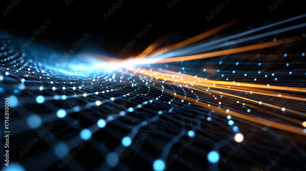 Fototapeta premium A vibrant display of digital light trails creates an abstract representation of data flow in motion. This dynamic image captures the essence of technology and innovation.