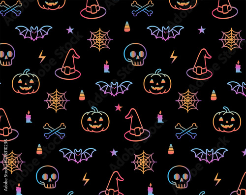 Seamless Halloween pattern with hand-drawn icons on a black background. This festive vector illustration with a colorful gradient effect is for wrapping paper, textile prints, digital backgrounds, gre