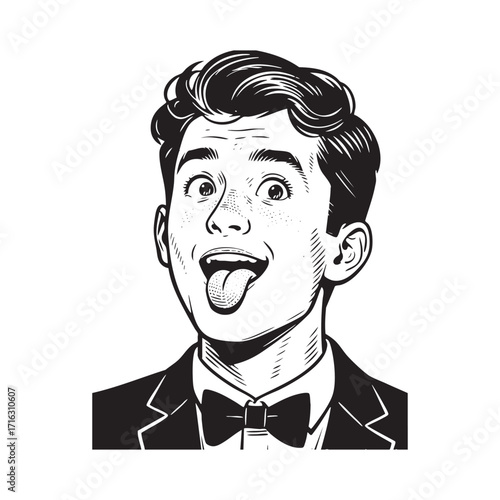 Man with mouth tongue stick out  sketch engraving generative ai vector illustration. Scratch board imitation. Black and white image.