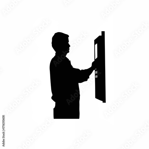 Silhouette of technician pressing emergency stop button of injection molding machine isolated on white background