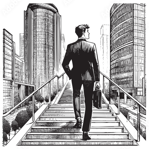 Engraved Illustration of businessman holding suitcase climbing up stairs White Background, Detailed Black and White