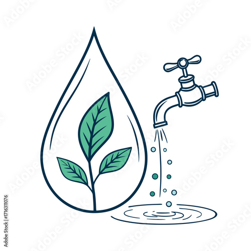 Dripping water from a shiny metal faucet icon, a clean symbol of plumbing and environmental conservation