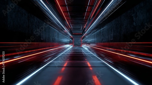 Futuristic tunnel with glowing red and white light streaks creating a sense of high-speed motion through a dark corridor