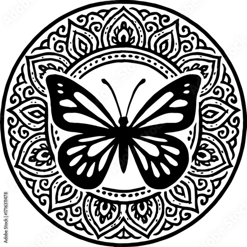Butterfly inside circular mandala design - spiritual concept vector with white background 