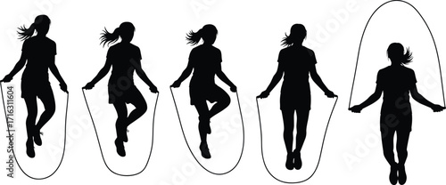 Silhouette woman jumping rope, fitness exercise, cardio workout, healthy lifestyle, sport training, endurance, body strength routine