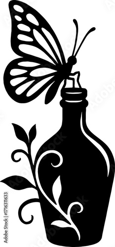 Butterfly perched on glass bottle silhouette - fantasy theme vector with white background 
