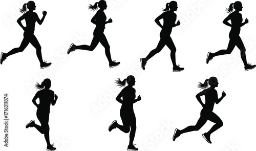 Silhouette women running, female jogging exercise, fitness training illustration, healthy lifestyle, outdoor workout, sports activity vector