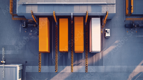 Aerial view of modern cargo loading dock with trucks ready for loading or unloading, featuring bright orange and white trailers, and small vehicle parked nearby, illuminated by sunlight