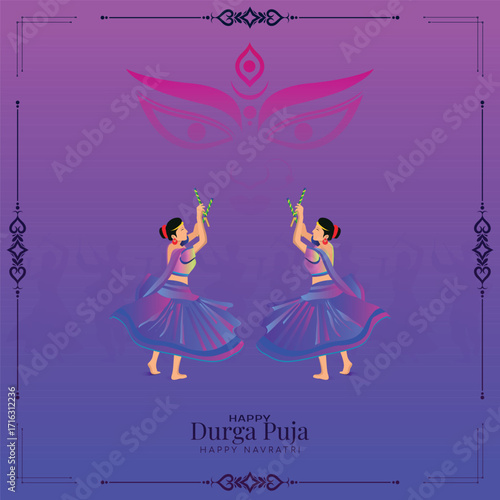 A vibrant illustration of two women celebrating Durga Puja and Navratri with Dandiya sticks, set against a backdrop of Goddess Durga's eyes.
