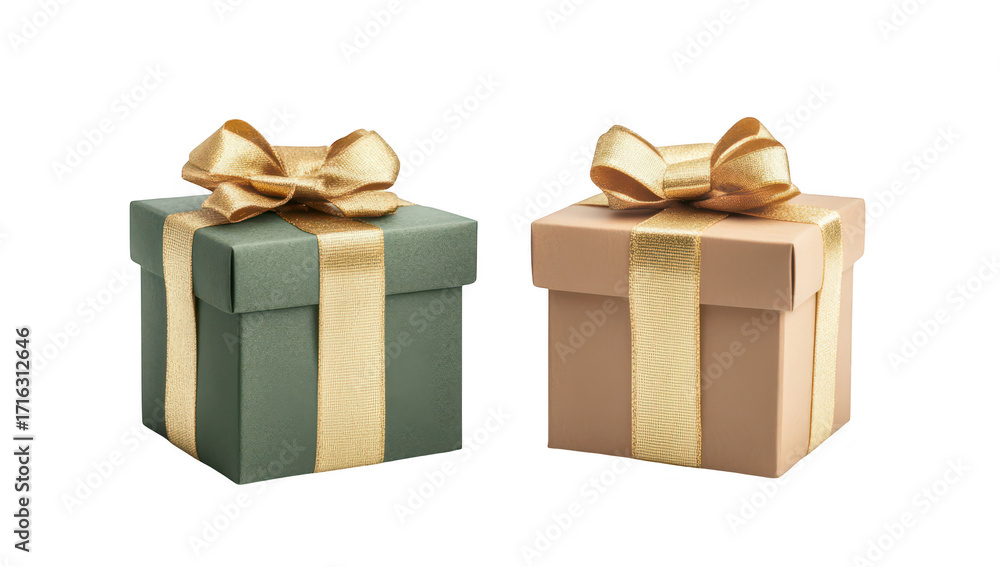 Obraz premium Two elegantly wrapped gift boxes. one in green and the other in peach. adorned with gold ribbons. set against a clean white background. ideal for holiday or celebration-themed promotions