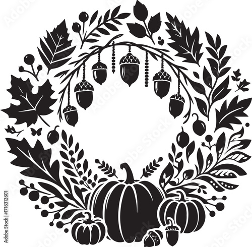 silhouette black and white Thanksgiving wreath of autumn leaves, berries, pumpkins, acorns, vector