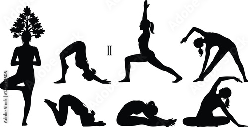 Silhouette yoga poses, meditation, stretching exercise, healthy lifestyle, fitness balance, flexibility training, mindfulness, wellness practice, relaxation