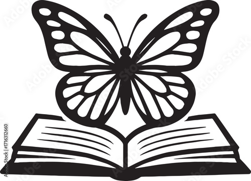  Butterfly resting on an open book – storytelling and imagination concept vector with white background 