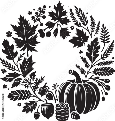 silhouette black and white Thanksgiving wreath of autumn leaves, berries, pumpkins, acorns, vector
