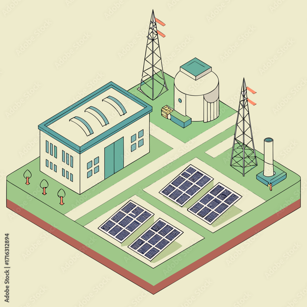 Naklejka premium Isometric illustration of a modern industrial facility with solar panels and power transmission towers