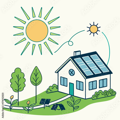 Illustration of a house with solar panels on the roof and in the yard powered by the sun