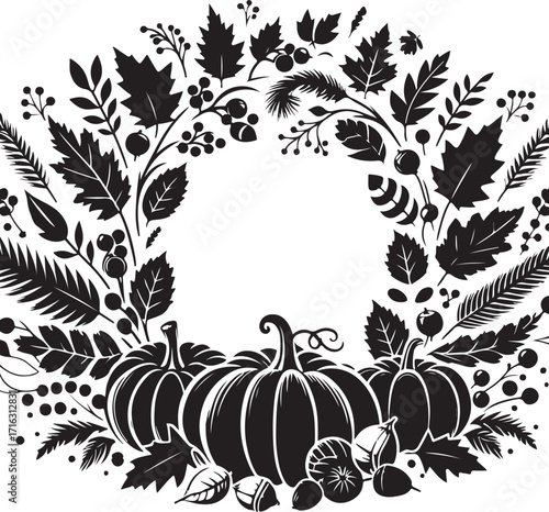 silhouette black and white Thanksgiving wreath of autumn leaves, berries, pumpkins, acorns, vector