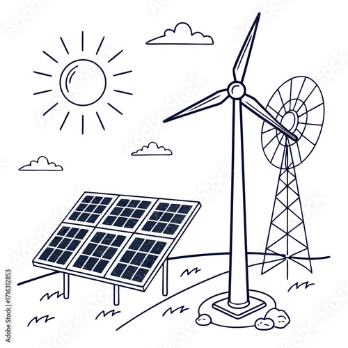 Hand drawn sketch of solar panels and wind turbines generating clean renewable energy under a sunny sky