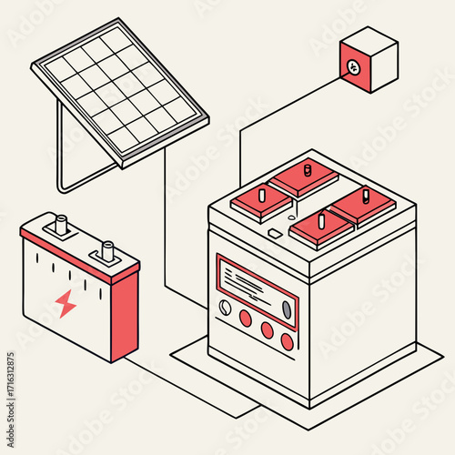 Illustration of a solar panel connected to a battery bank and a power outlet for renewable energy generation