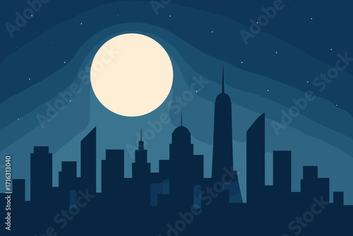 City skyline at night with full moon in minimalist style
