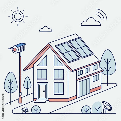Modern house with solar panels and security camera on a sunny day with clouds and trees