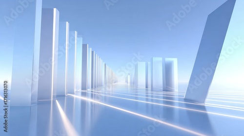 Fototapeta Naklejka Na Ścianę i Meble -  Abstract futuristic corridor with glowing vertical structures and reflective floor