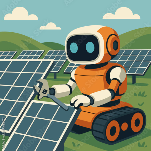 Robot repairing solar panels in a green field in a colorful cartoon style