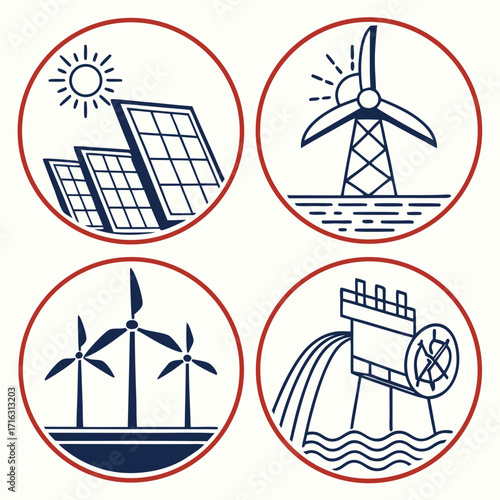 Set of four circular icons representing renewable energy sources including solar wind and hydroelectric power generation