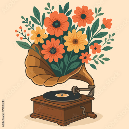 Vintage gramophone with flowers in a vibrant artistic style