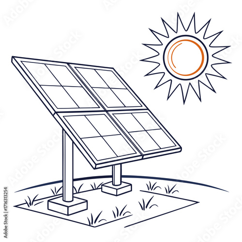 Simple line drawing of a solar panel array underneath a stylized sun on a white background