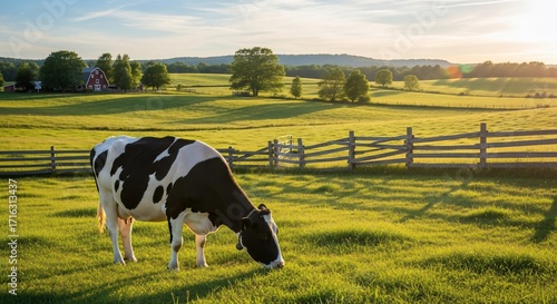 Idyllic Holstein Cow Grazing in a Sun-Drenched, Rolling Pasture at Sunset.