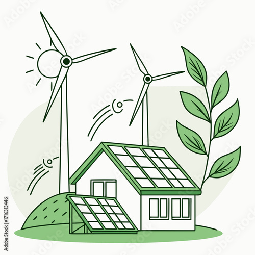Sustainable energy powered house with solar panels and wind turbines on a green hill