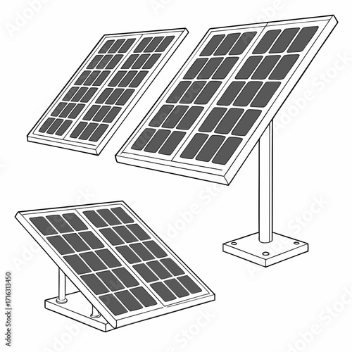 Three stylized solar panels shown from different angles on a white background