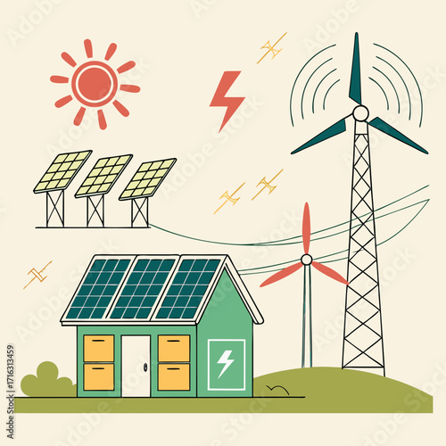 Sustainable energy concept with solar panels on house and field and wind turbines generating power