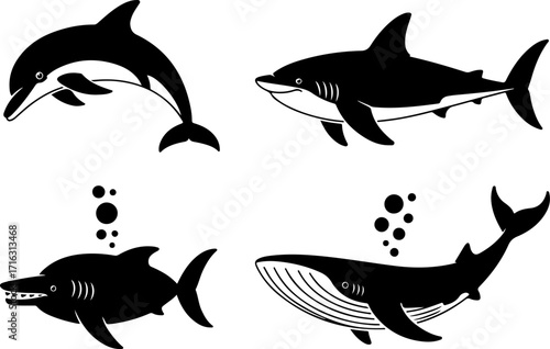 "Shark, Dolphin, and Fish Silhouette Collection"

"Ocean Life Vector Set – Marine Animal Silhouettes"

"Underwater Creatures: Shark, Dolphin & Fish Designs"