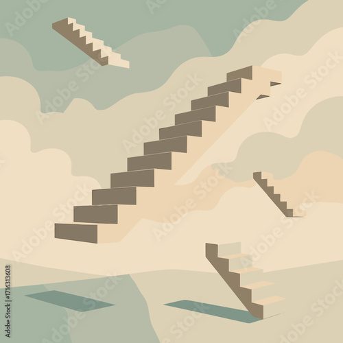 Floating stairs in surreal style above abstract background for artistic concept