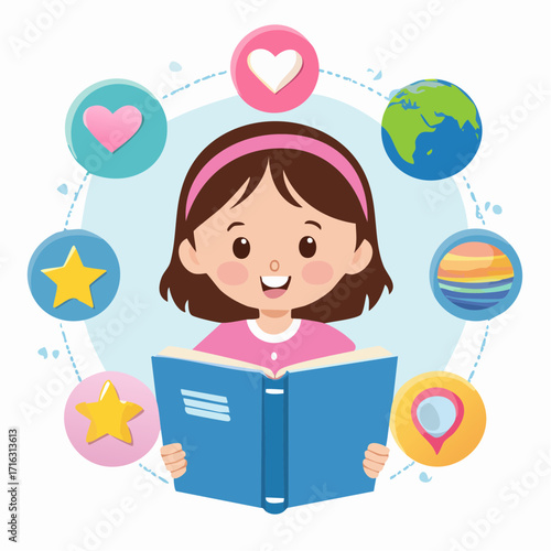 Girl Reading Book about Solar System – Science Vector Illustration