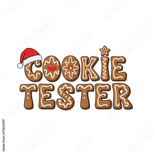 Festive Cookie Tester Text with Gingerbread Letters and a Santa Hat, perfect for Christmas baking and holiday fun projects and social media posts