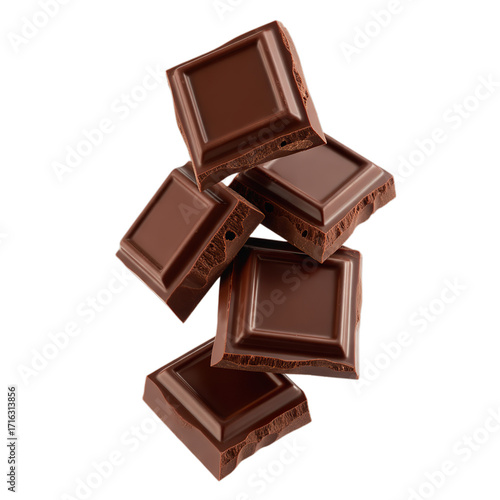 Pieces of dark chocolate falling close up isolated on white background.