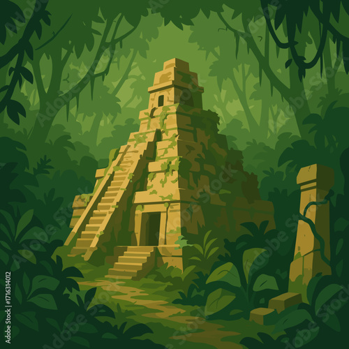 Ancient Mayan pyramid surrounded by lush jungle in vibrant green colors for adventure concept