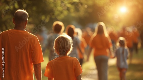 People Walking Wearing Orange Shirts, Back View