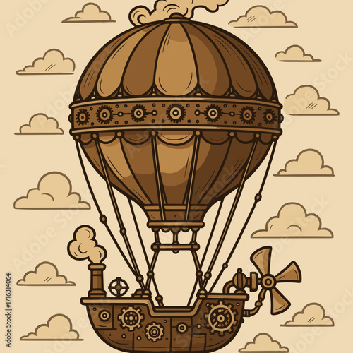 Steam-powered hot air balloon with mechanical details in vintage steampunk style