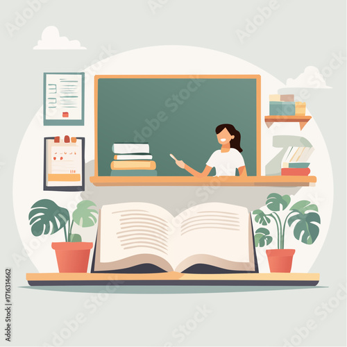 Teacher Explaining Lesson at Blackboard – Education Concept Vector