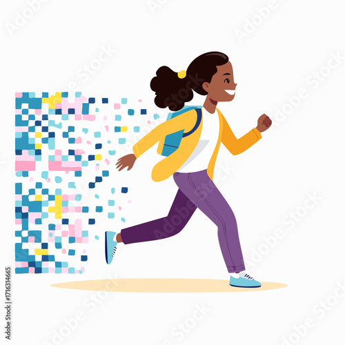 Woman Running with Digital Pixel Background – Fitness and Technology Vector