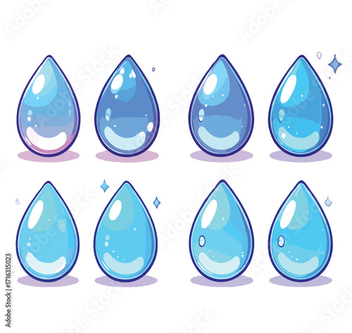 Cartoon Vector Water Droplets with Light Reflection
