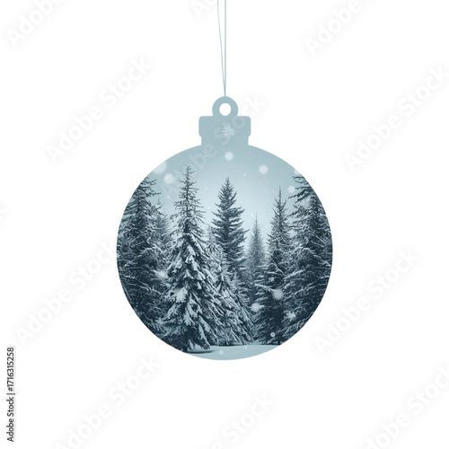 Christmas ornament with snow covered pine forest scene