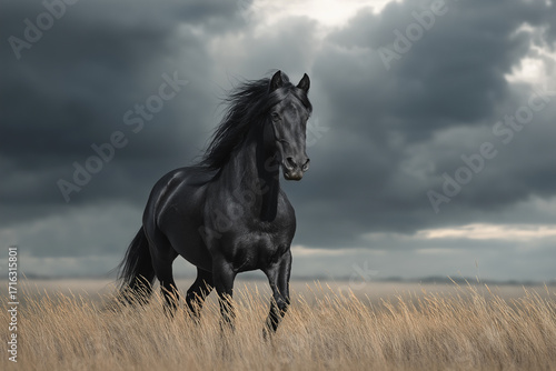 Horse natural pasture strong equine flowing mane.